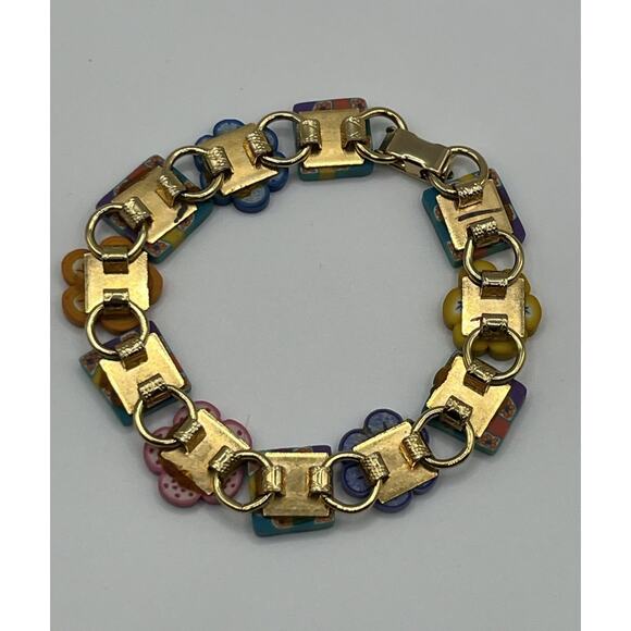 VTG Polymer Flower Checkered Y2K Bracelet Millefiori Gold Tone Link - Picture 2 of 7